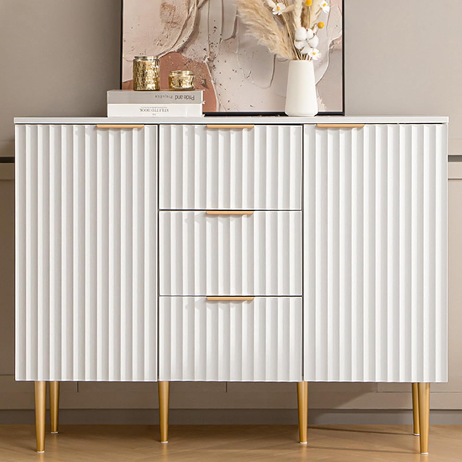 White Storage with Drawers Fluted Sideboard Buffet
