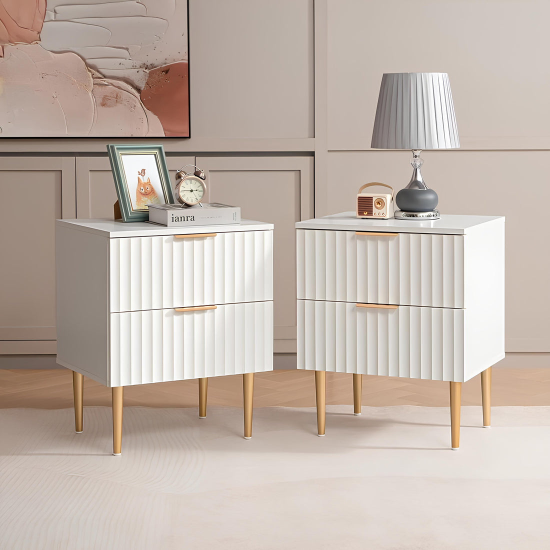 Two SICOTAS Opus Nightstands in Decorated with Lamps, Pictures, and Candles in a Modern Living Room with Painting