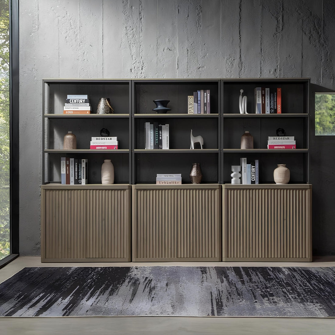 Three SICOTAS Bookshelves and Bookcases Decorated with Books, Vases, Magazines, Radio, and Speakersin Dark Minimalistic Room with Washed Rug