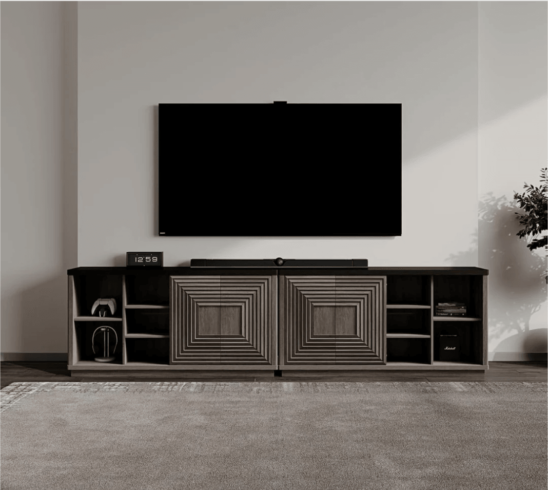 Two SICOTAS Stria TV Stands Storing Console Devices, Soundbar, and TV in a Modern Living Room