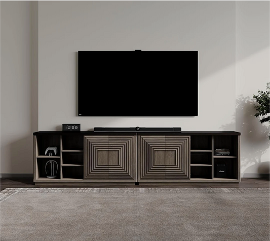 Two SICOTAS Stria TV Stands Storing Console Devices, Soundbar, and TV in a Modern Living Room