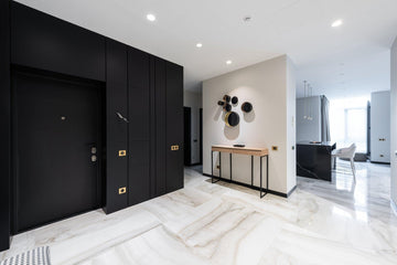 Entrance Hallway Console Table with Brown Wooden Top in Modern, Spacious Apartment