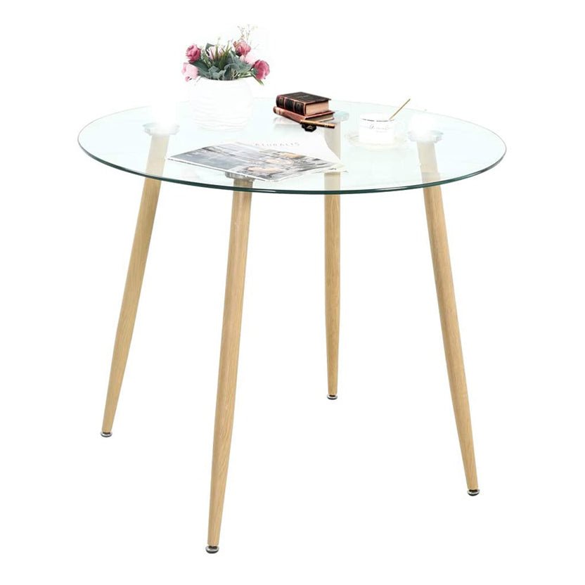 Round Glass Top and Metal Wooden Legs Dining Table