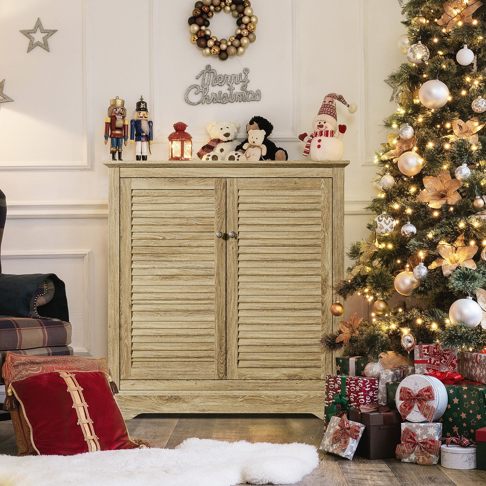 Sideboard Buffet Credenza Cabinet - Farmhouse Coffee Bar Cabinet with Storage, Shutter Decorated Doors and Adjustable Shelf, Accent Buffet Storage Cabinet for Dining Room, Entryway