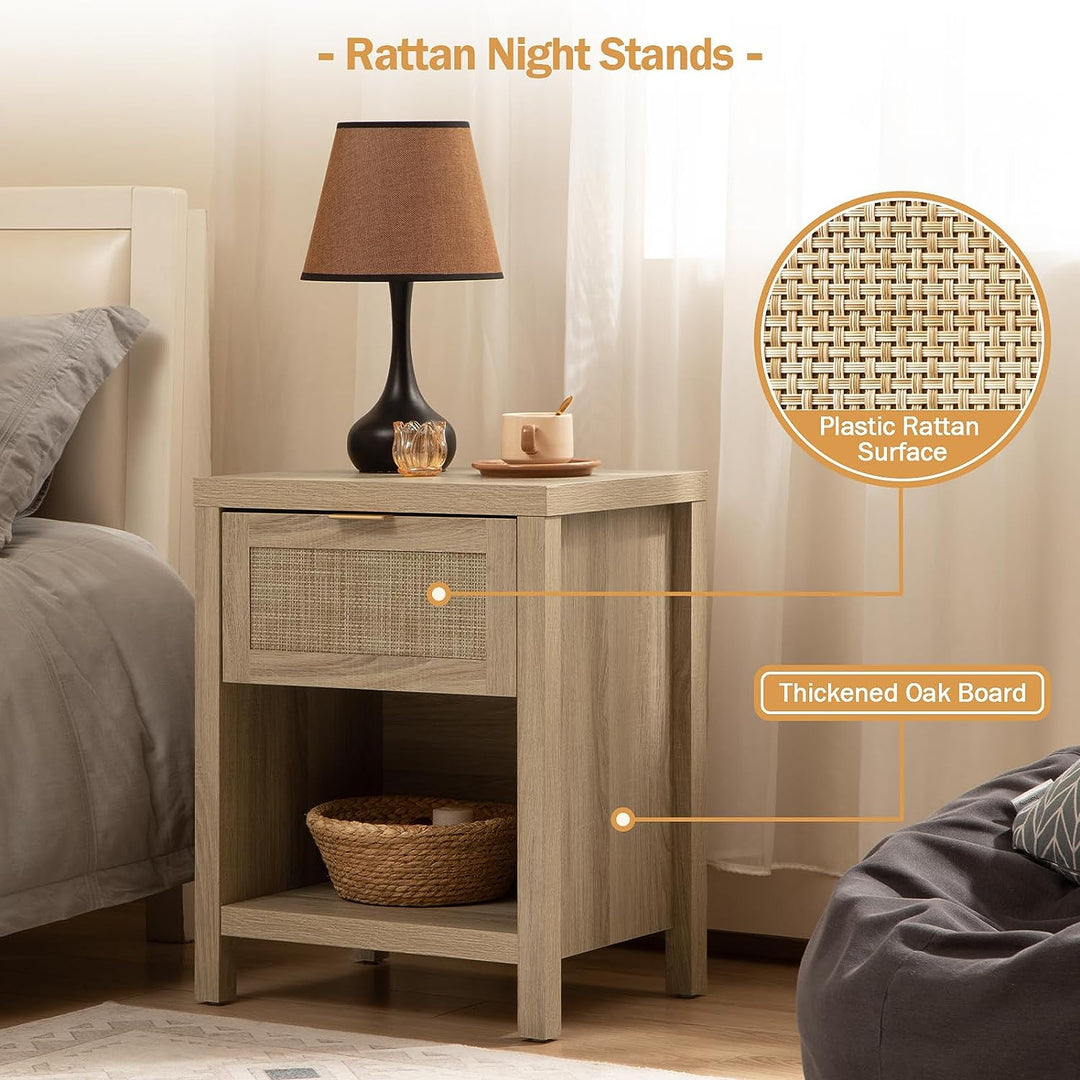 Rattan Night Stands, Farmhouse Nightstand Boho End Table Side Table Bedside Table with Drawer and Open Shelf for Living Room Bedroom