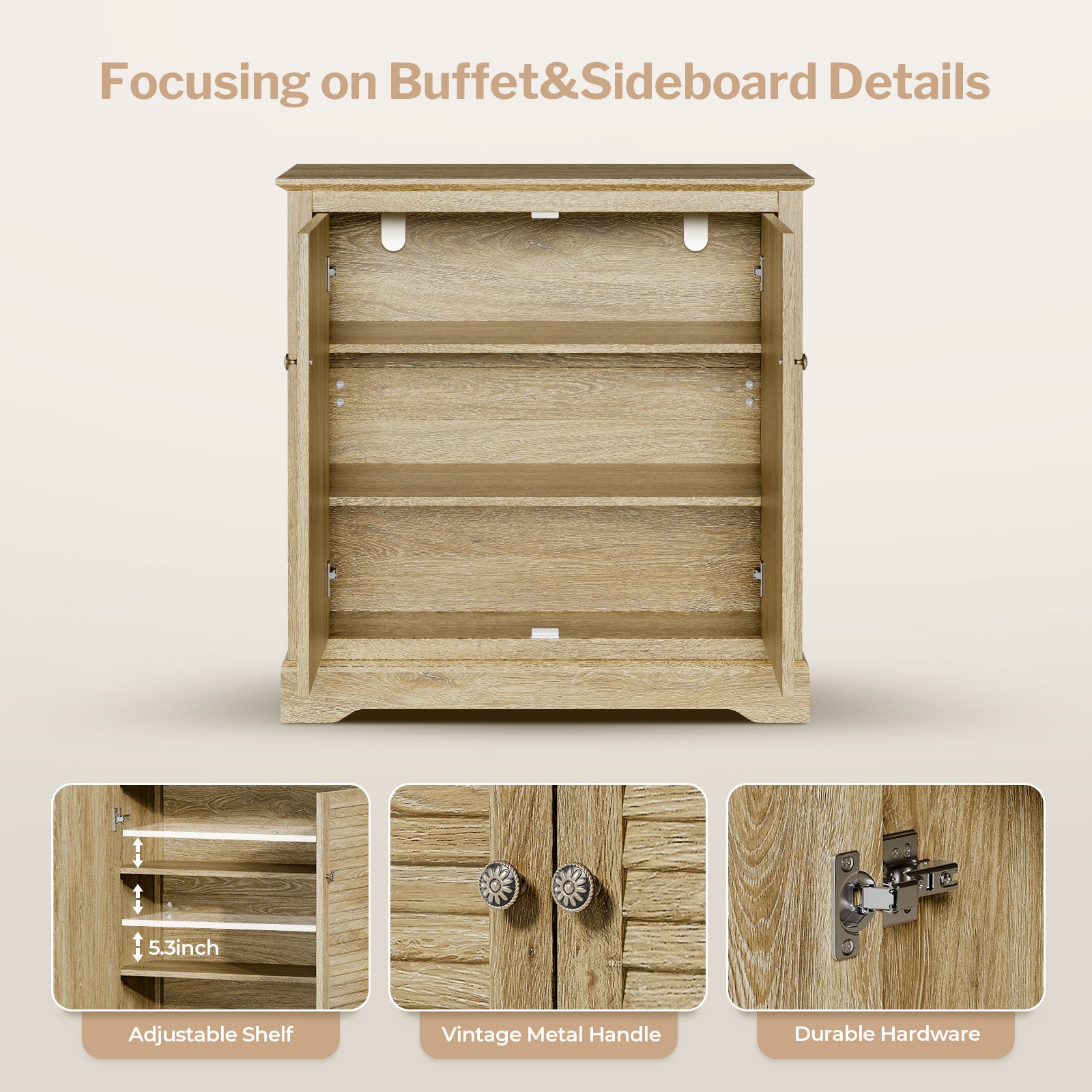 Sideboard Buffet Credenza Cabinet - Farmhouse Coffee Bar Cabinet with Storage, Shutter Decorated Doors and Adjustable Shelf, Accent Buffet Storage Cabinet for Dining Room, Entryway