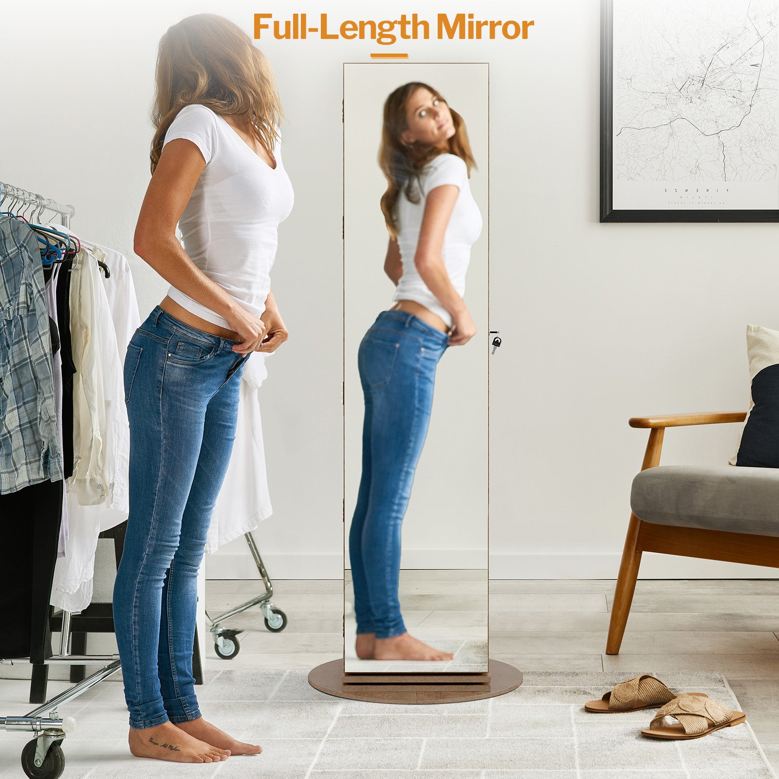 Wooden Full Length Mirror with Storage