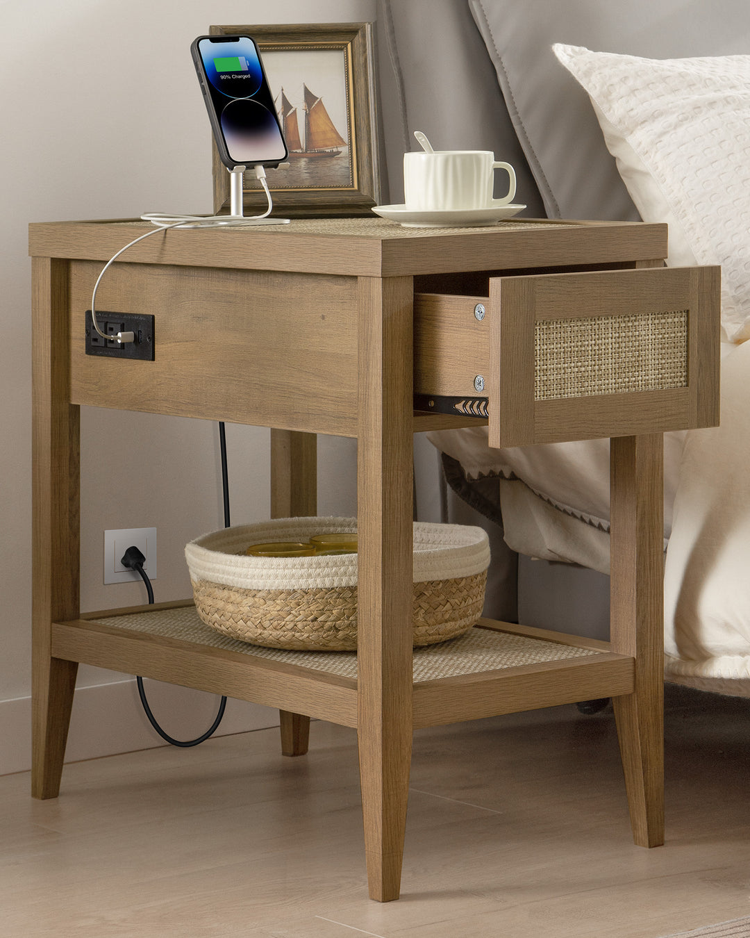Nightstand with Type-C,Oak Color
