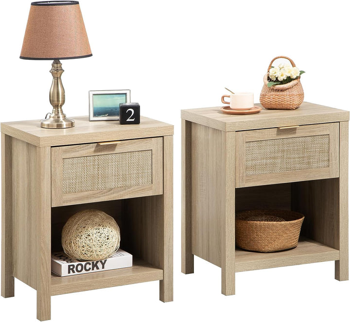 Rattan Night Stands, Farmhouse Nightstand Boho End Table Side Table Bedside Table with Drawer and Open Shelf for Living Room Bedroom