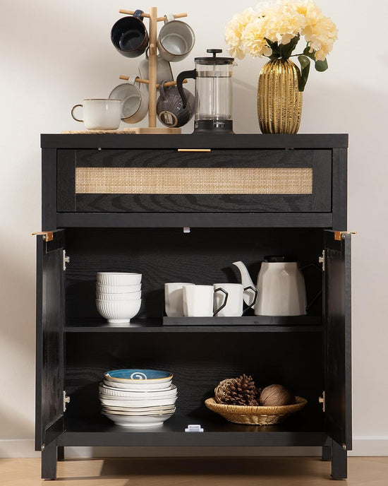 Sideboard Buffet Storage Cabinet, Rattan Accent Cabinet with Doors and Drawer, Modern Credenzas Buffet Table Console Coffee Bar Cabinet