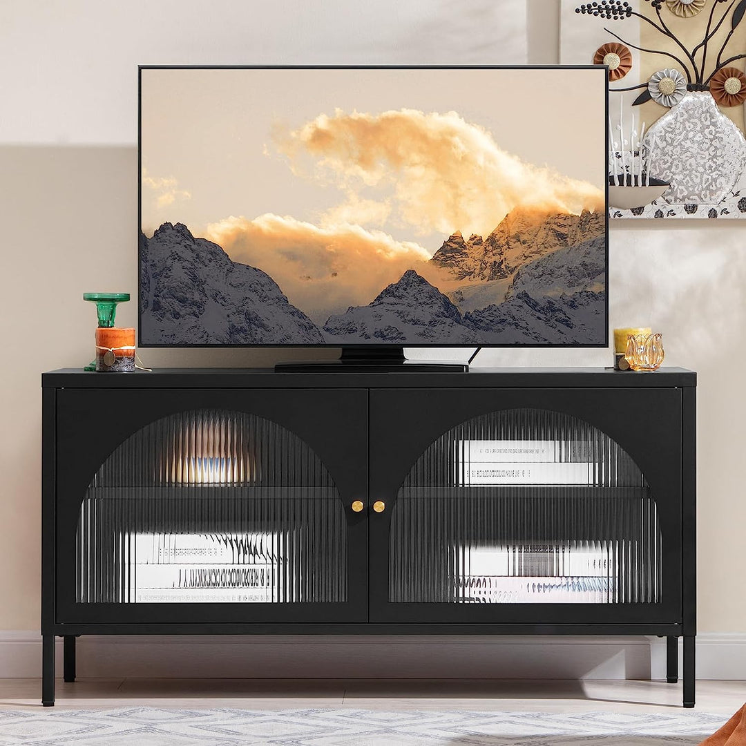 Modern TV Stand for TV up to 55 inches - Entertainment Center with Storage Shelves Metal Frame TV Console with Glass Door Media Cabinet Table for Living Room Bedroom, Black