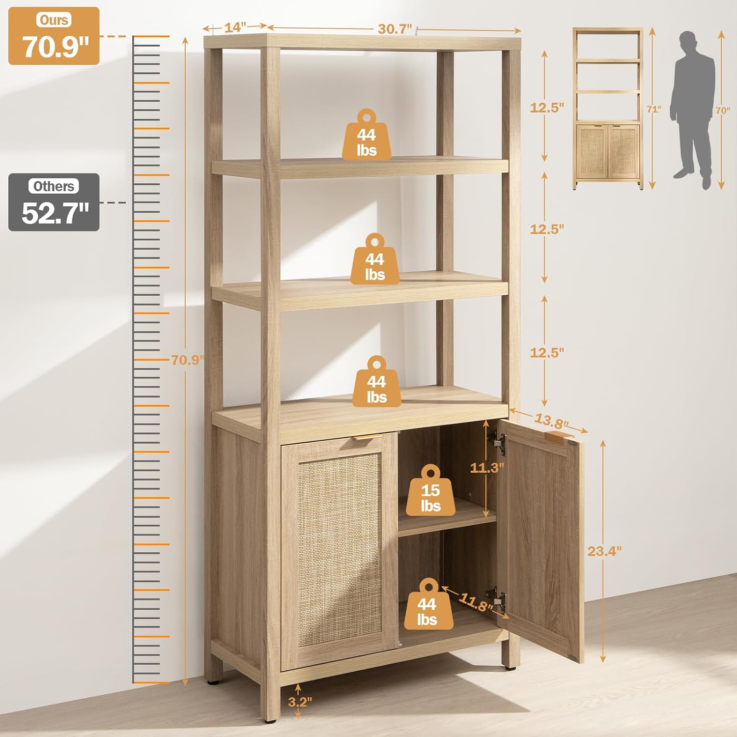 Savanna 70.9" Light Oak Rattan Bookshelves