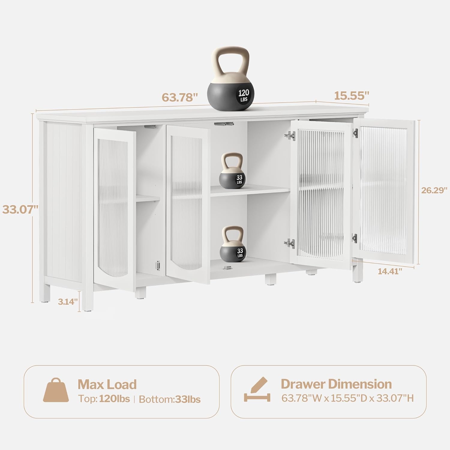 64" White Buffet Cabinet