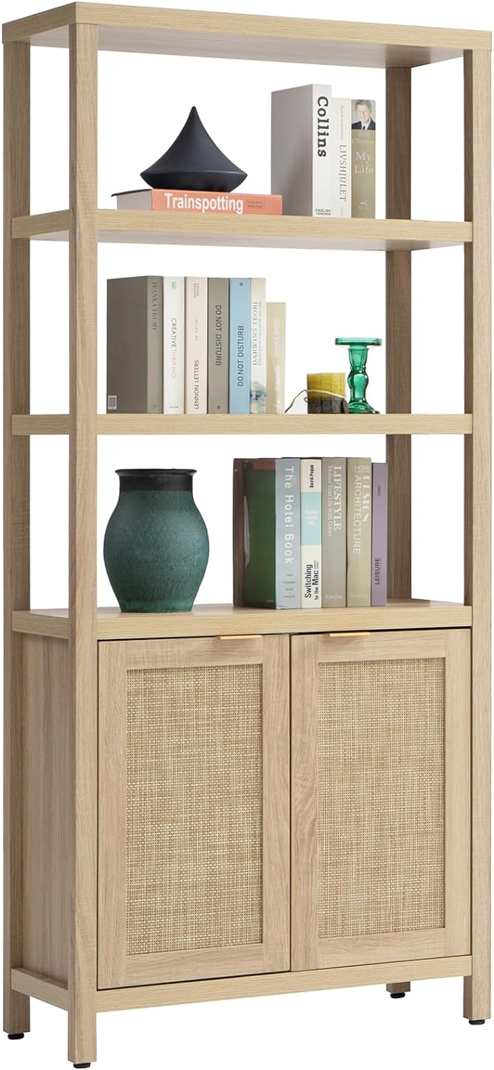 Savanna 70.9" Light Oak Rattan Bookshelves