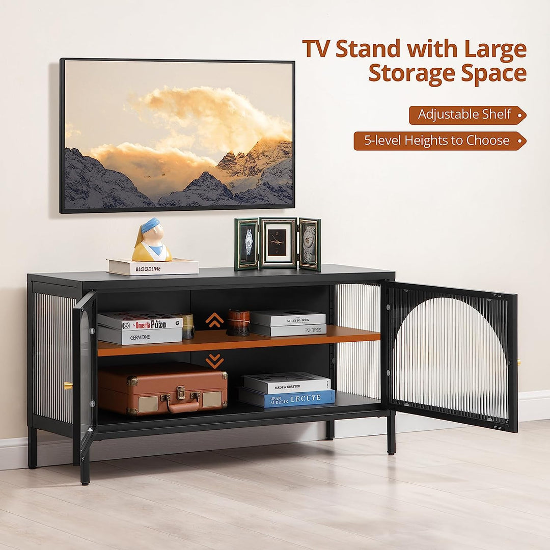 Modern TV Stand for TV up to 55 inches - Entertainment Center with Storage Shelves Metal Frame TV Console with Glass Door Media Cabinet Table for Living Room Bedroom, Black