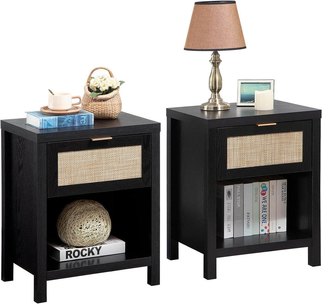SICOTAS Rattan Nightstand, Farmhouse Night Stands with Drawer, Boho Accent Table End Table Side Table for Living Room Bedroom, Black and Wood