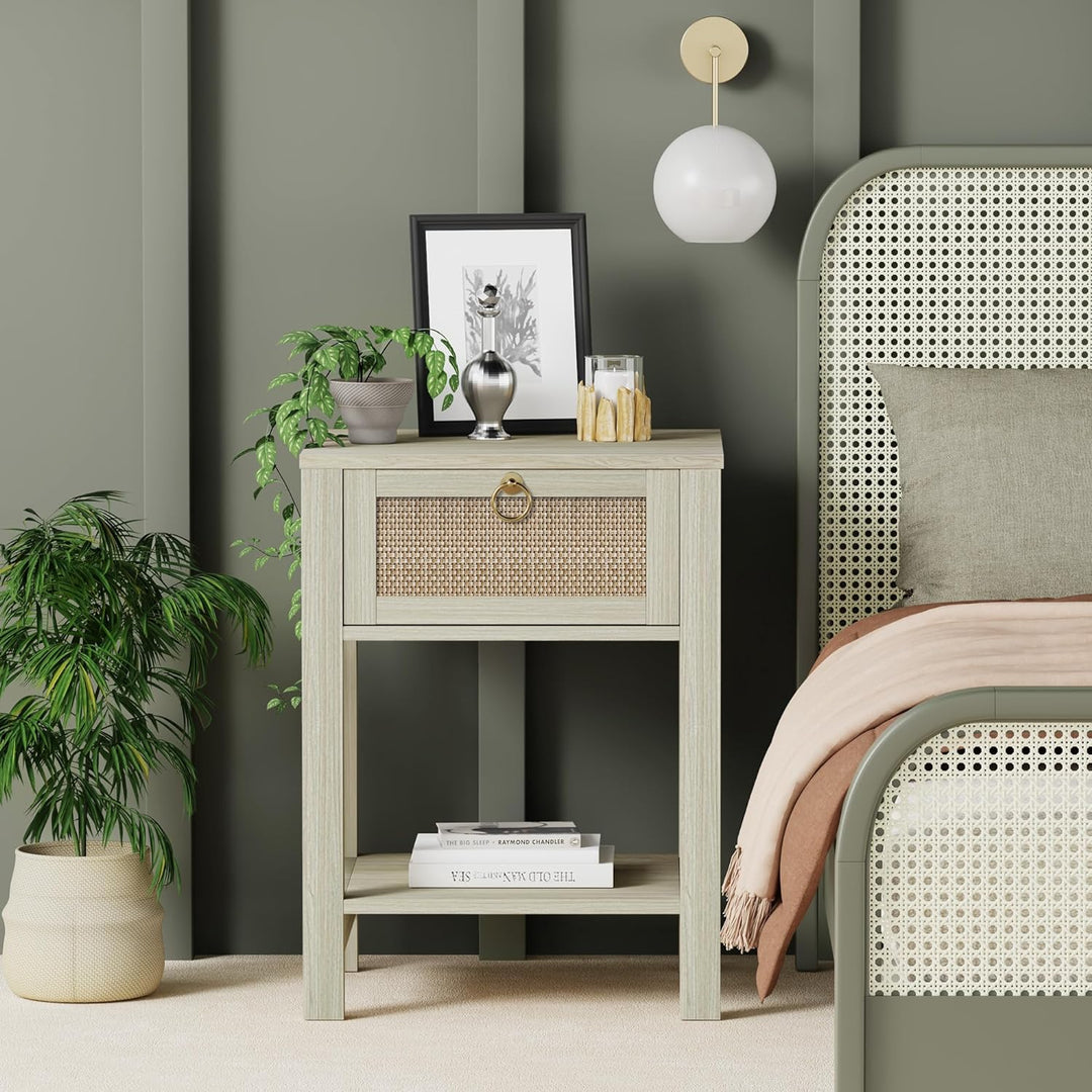 Bed Side Table with Doors, Grey-Green