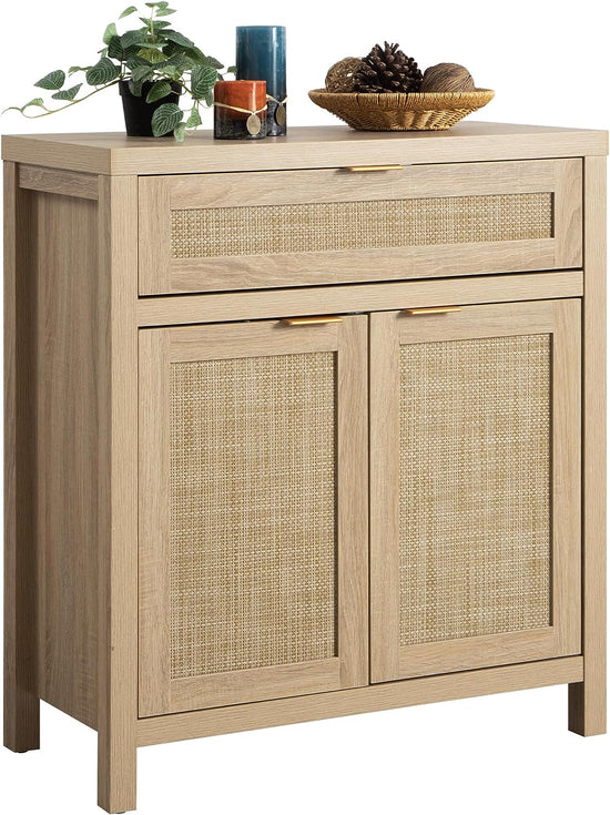 Sideboard Buffet Storage Cabinet, Rattan Accent Cabinet with Doors and Drawer, Boho Credenzas Buffet Table Console Coffee Bar Cabinet