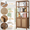 Bookshelf 5 Tier Book Shelf Rattan Boho Tall Bookcase with Doors Storage Wood Shelves Large Bookshelves Farmhouse Bookcases Library Book Case for Living Room Bedroom Home Office Kitchen