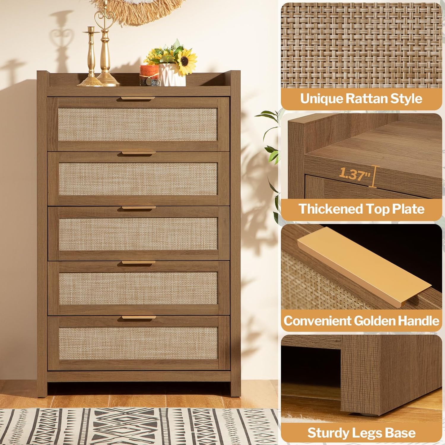 Savanna Wood Dresser, 5 Drawers - Sicotas