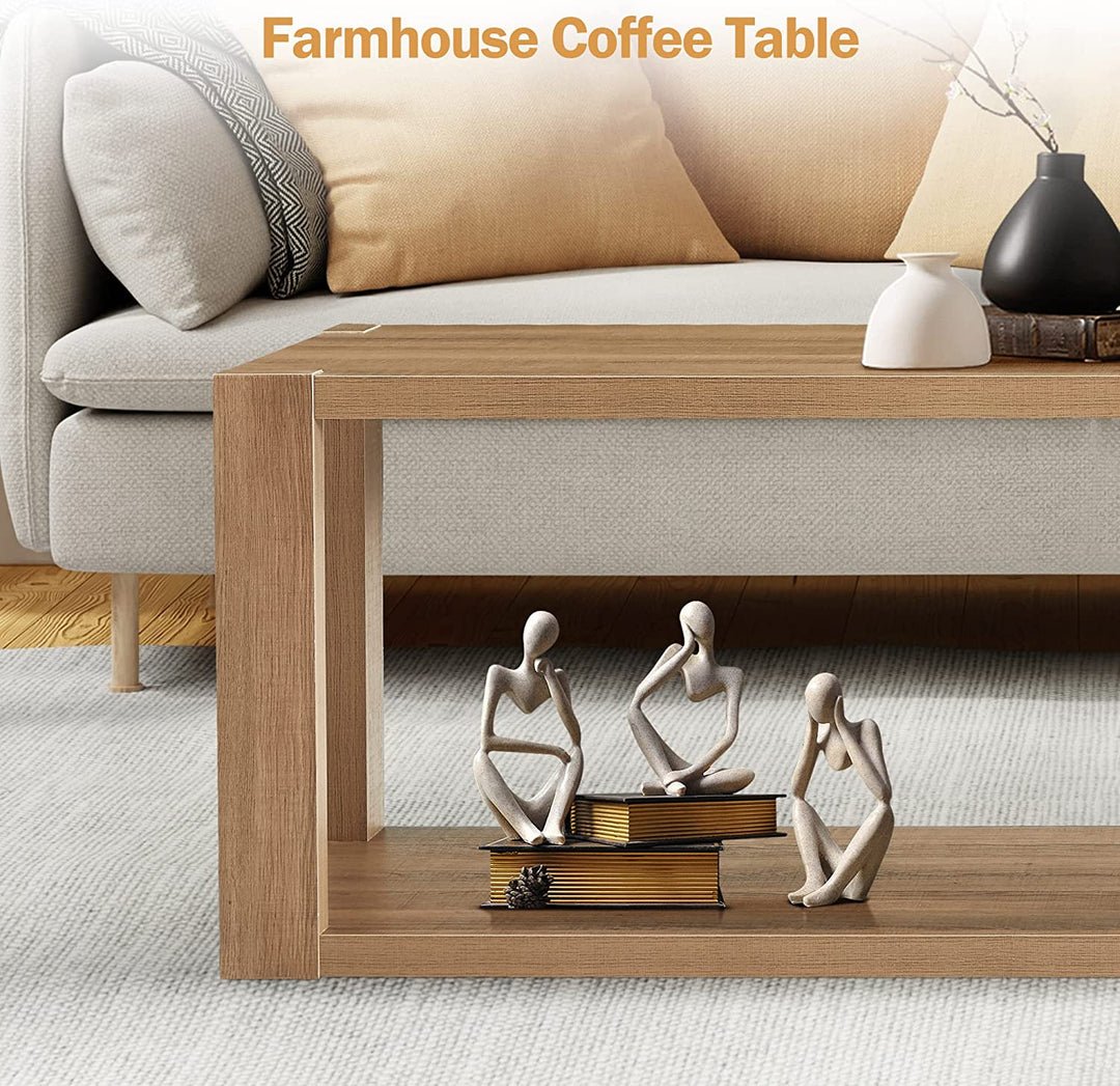 Farmhouse Wood Coffee Table - Boho Table with Storage Shelf, Rectangle Center Table Wood Look Accent Table, 2-Tier Sofa Side Table Mid Century Modern Coffee Table Living Room Furniture