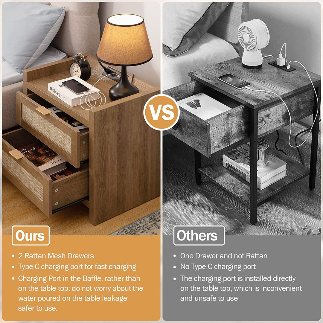 Rattan Nightstand with Charge Station