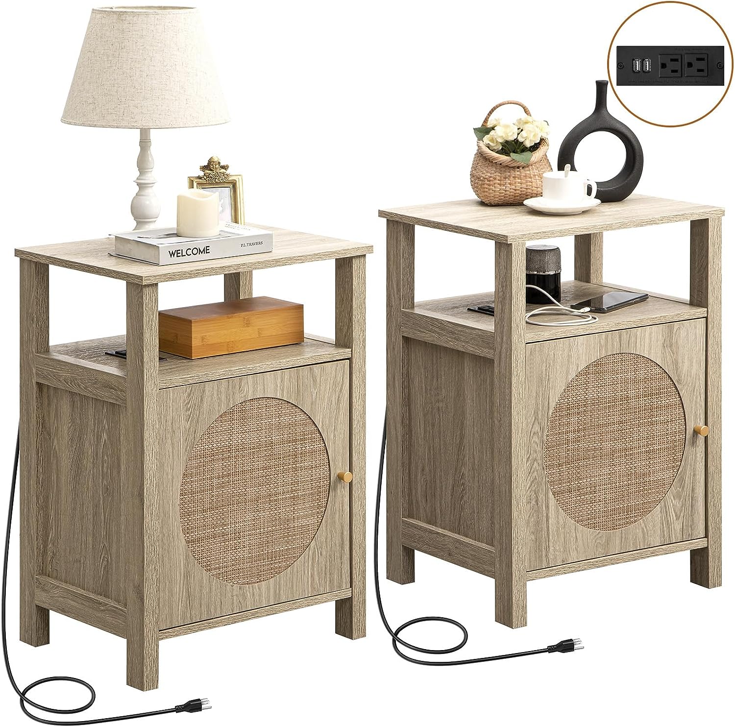 Rattan Nightstand With Charging Station