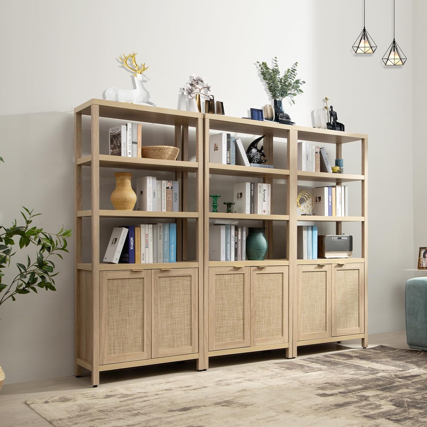 Savanna 70.9" Light Oak Rattan Bookshelves