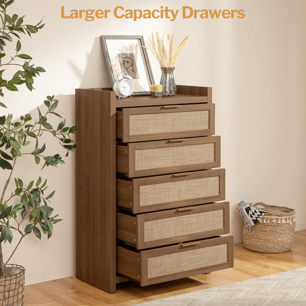Dresser for Bedroom Chest of Drawers Tall Dresser with 5 Rattan Drawers Wood Dresser for Closet Boho Clothes Storage Tower Large Nightstand Sets for Living Room Hallway Nursery Entryway