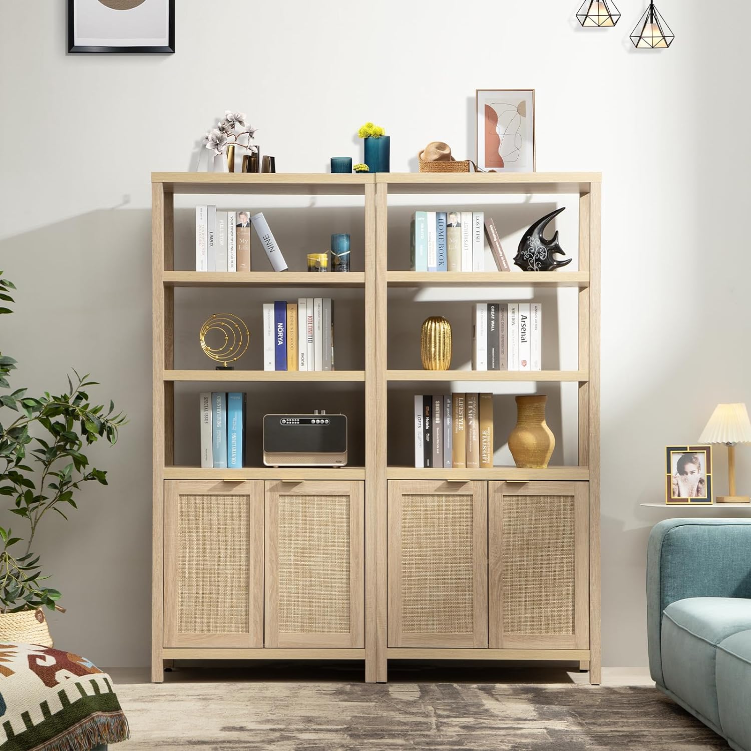 Savanna 70.9" Light Oak Rattan Bookshelves