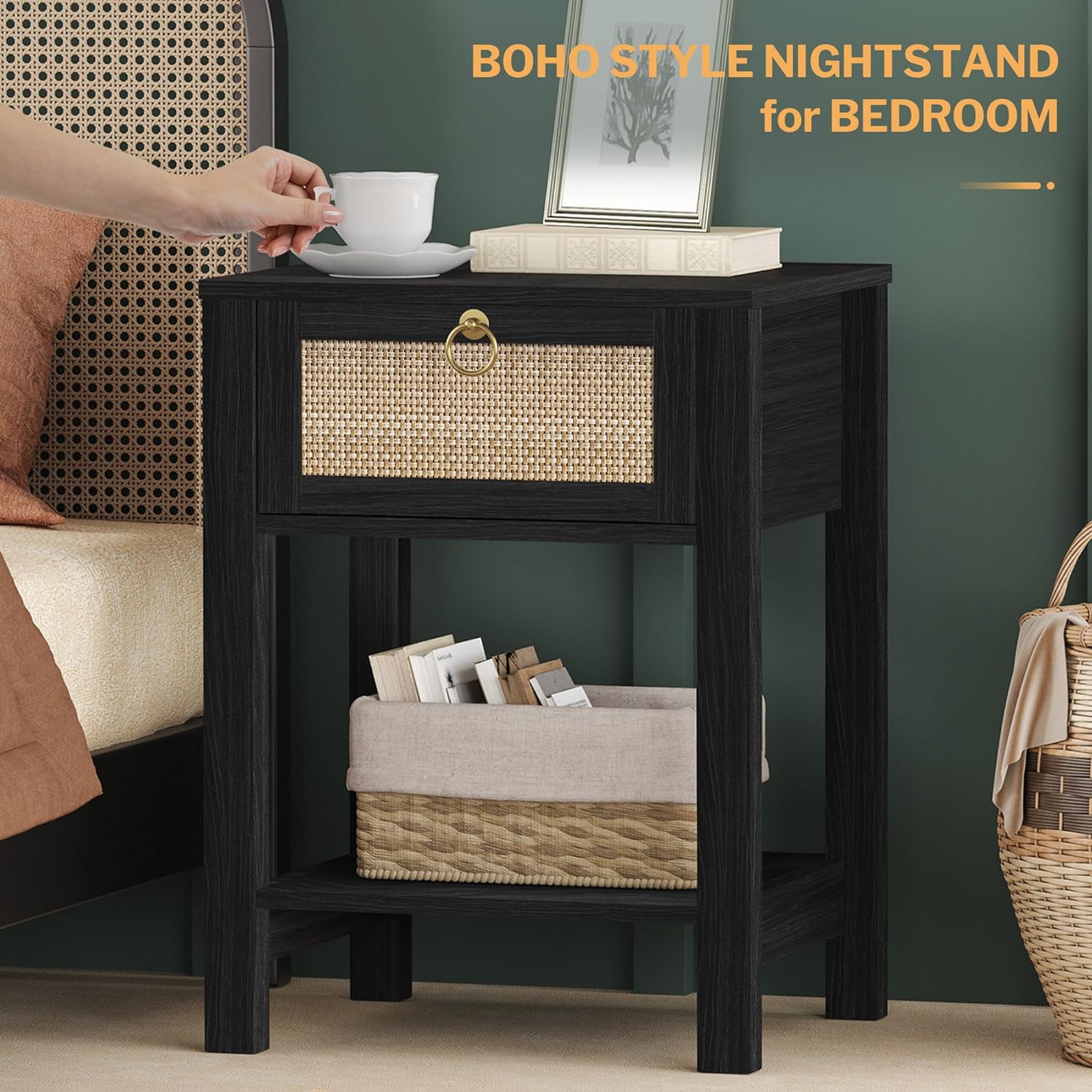 Savanna Black Rattan Nightstands - Sicotas