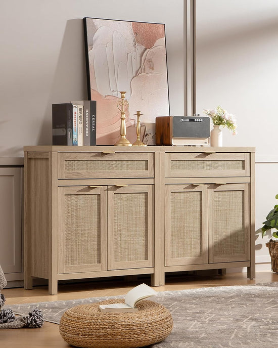 Sideboard Buffet Storage Cabinet, Rattan Accent Cabinet with Doors and Drawer, Boho Credenzas Buffet Table Console Coffee Bar Cabinet