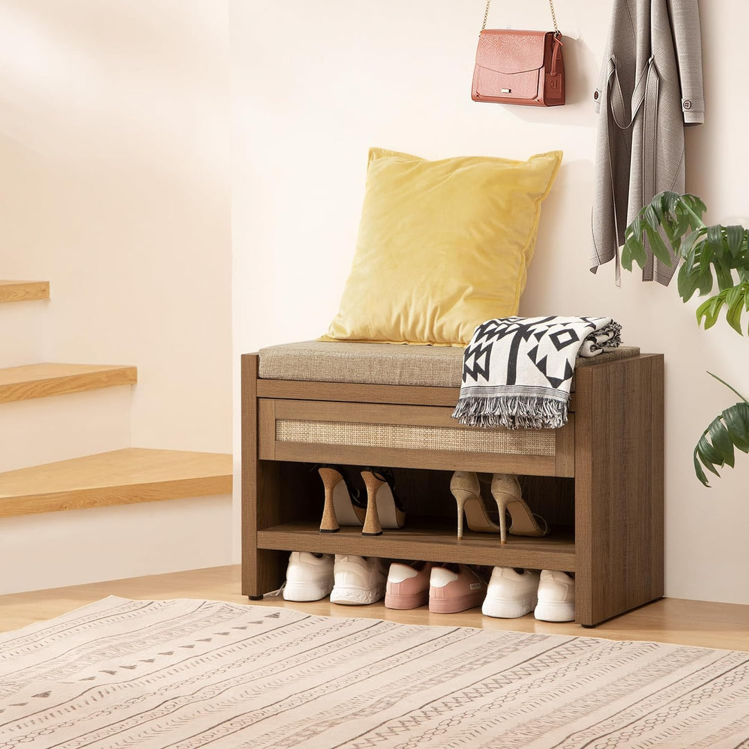 SICOTAS Savanna Shoe Bench with Storage in Natural Oak Decorated with Cushion, Plants, and Shoes Next to Farmhouse Style Staircase