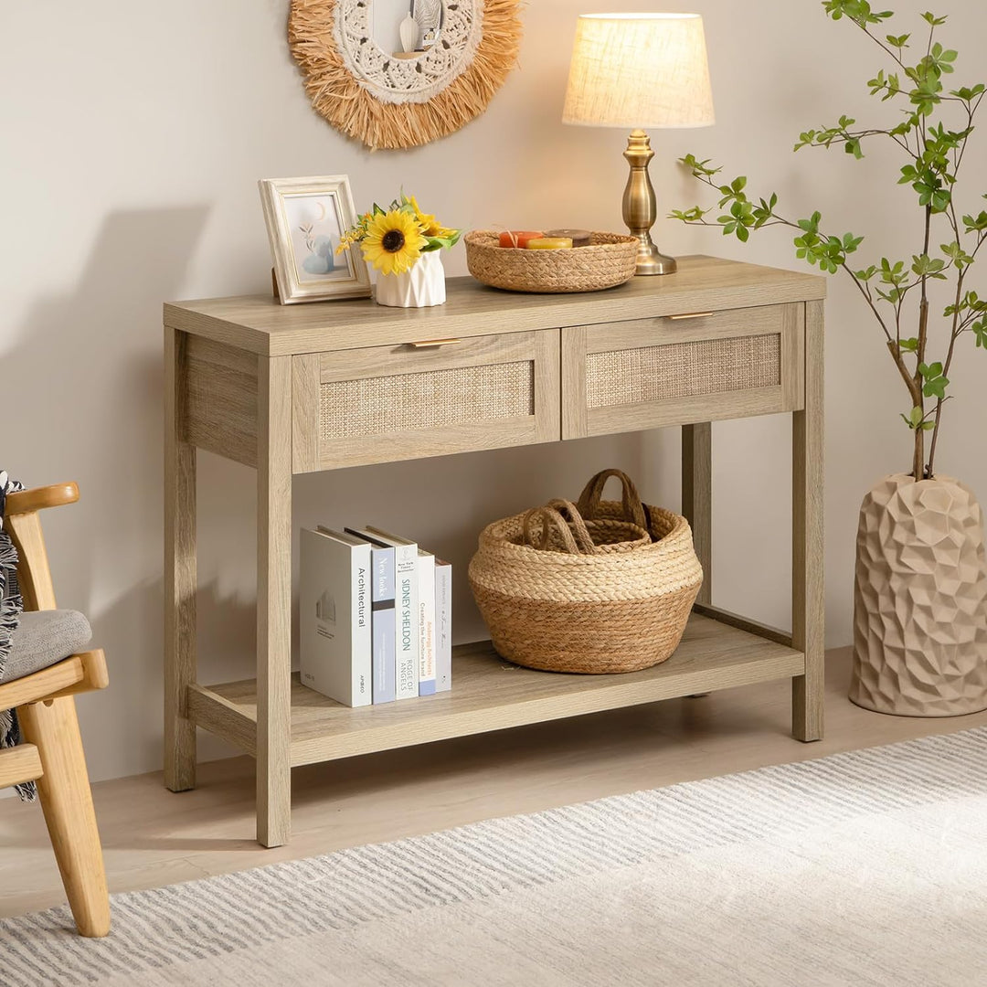 SICOTAS Savanna Console Table with 2 Drawers Decorated with Books, Woven Baskets, Sunflowers, and Lamp in Farmhouse Style Hallway Next to Wooden Rocking Chair and Rug