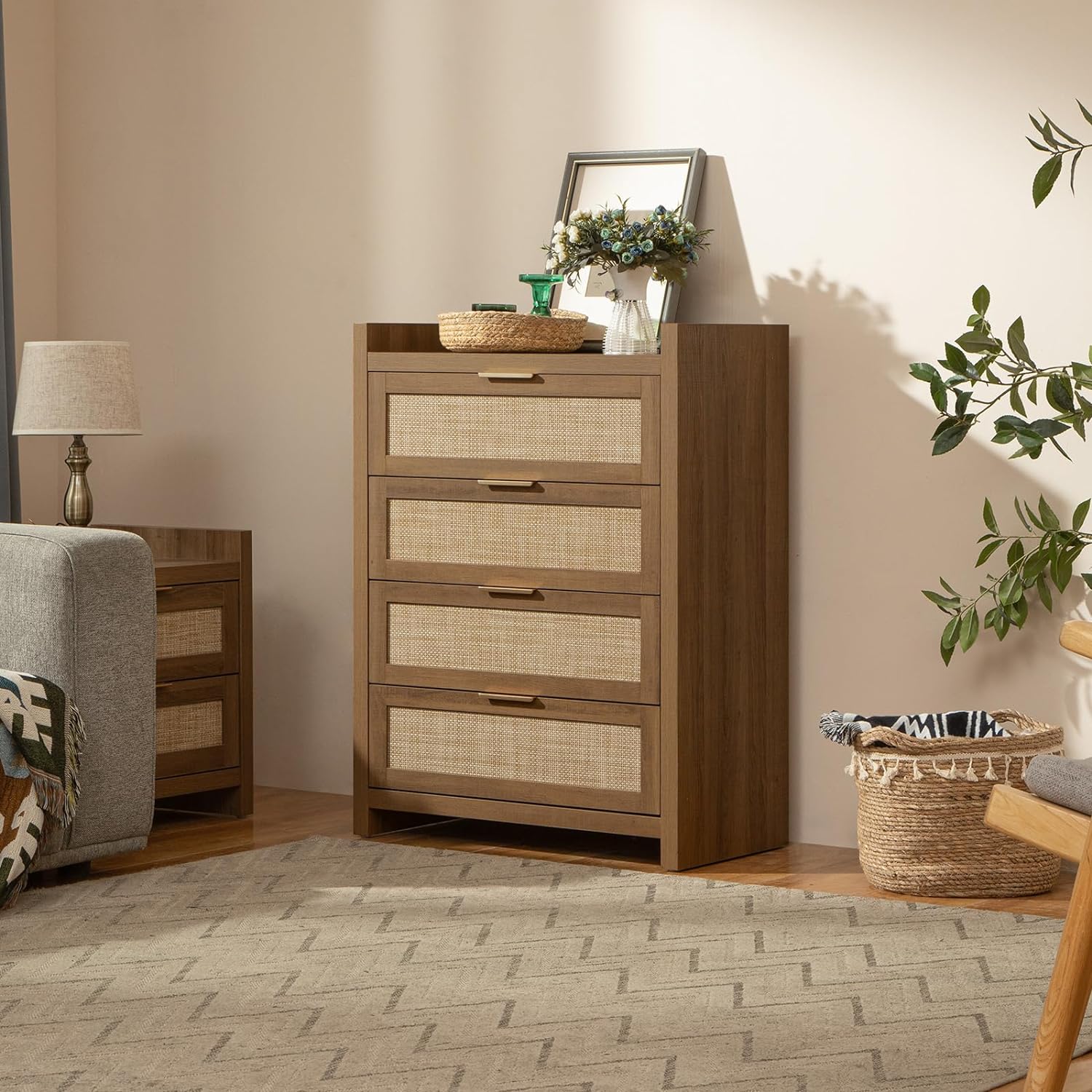 Rattan Drawers Wood Dresser Tall Dresser with 4 Rattan Drawers – SICOTAS