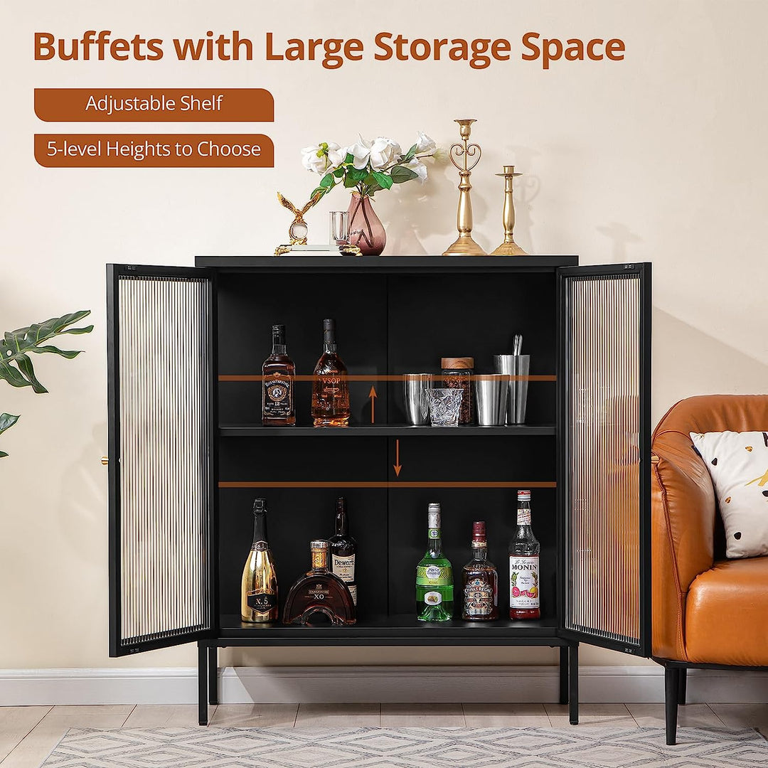 Buffet Sideboard Storage Cabinet Set of 2, Modern Accent Cabinet Cupboard Console Table with Glass Doors, Credenza Coffee Bar Cabinet Kitchen Storage Cabinet for Dining Living Room