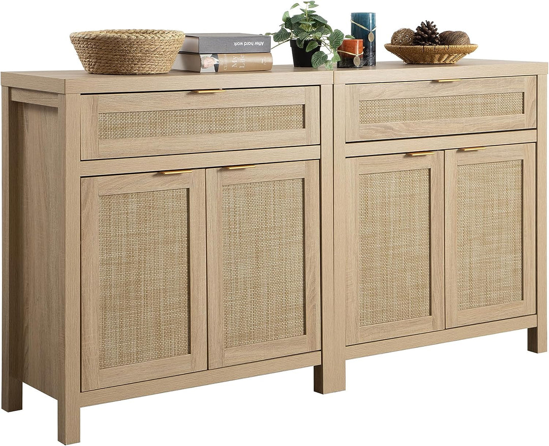Sideboard Buffet Storage Cabinet, Rattan Accent Cabinet with Doors and Drawer, Boho Credenzas Buffet Table Console Coffee Bar Cabinet