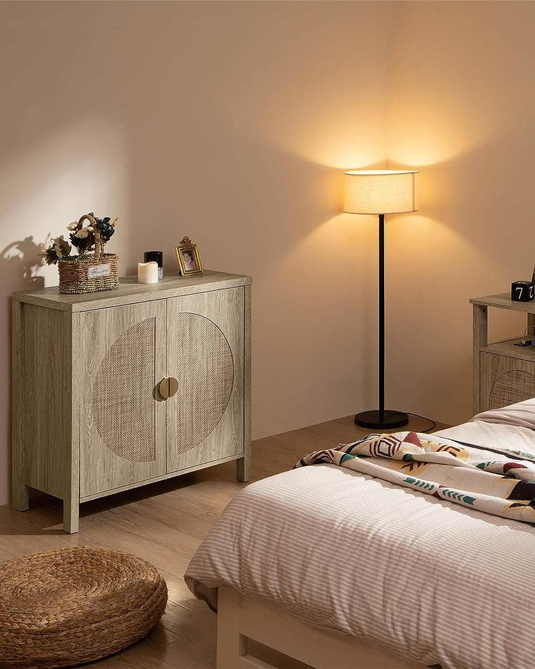 SICOTAS Accent Wood Storage Cabinet, Rattan Sideboard Buffet Cabinet with Adjustable Shelves, Multifunctional Console Table Credenza for Dining Room, Living Room, Entryway, Kitchen, Bedroom