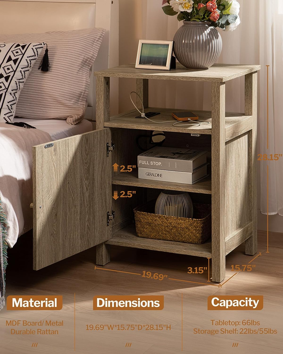 Rattan Nightstand With Charging Station