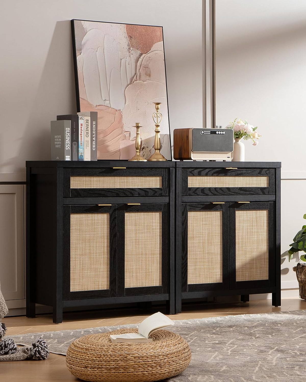 Sideboard Buffet Storage Cabinet, Rattan Accent Cabinet with Doors and Drawer, Modern Credenzas Buffet Table Console Coffee Bar Cabinet