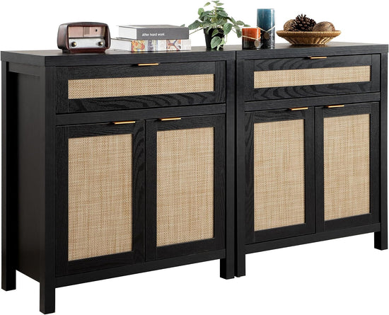 Sideboard Buffet Storage Cabinet, Rattan Accent Cabinet with Doors and Drawer, Modern Credenzas Buffet Table Console Coffee Bar Cabinet