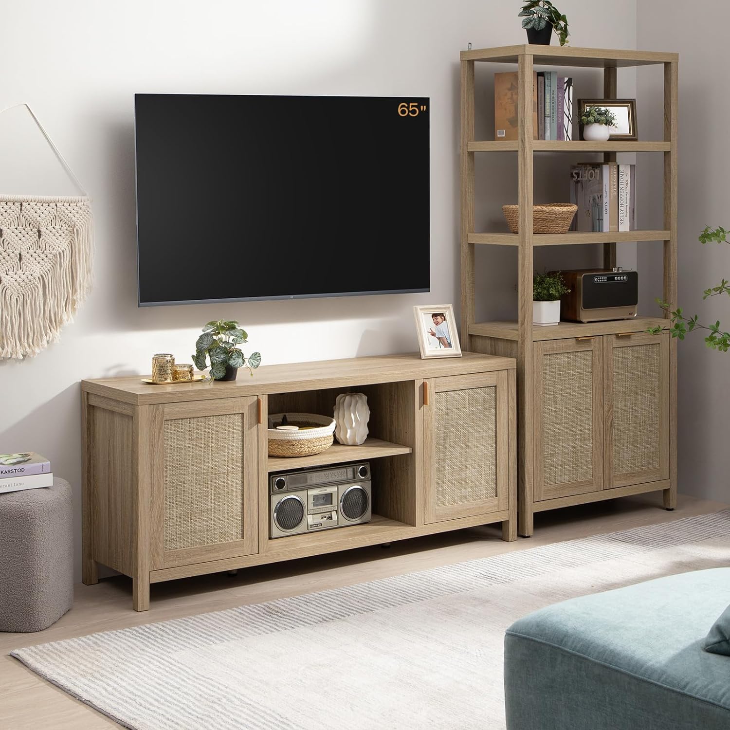 Savanna 70.9" Light Oak Rattan Bookshelves