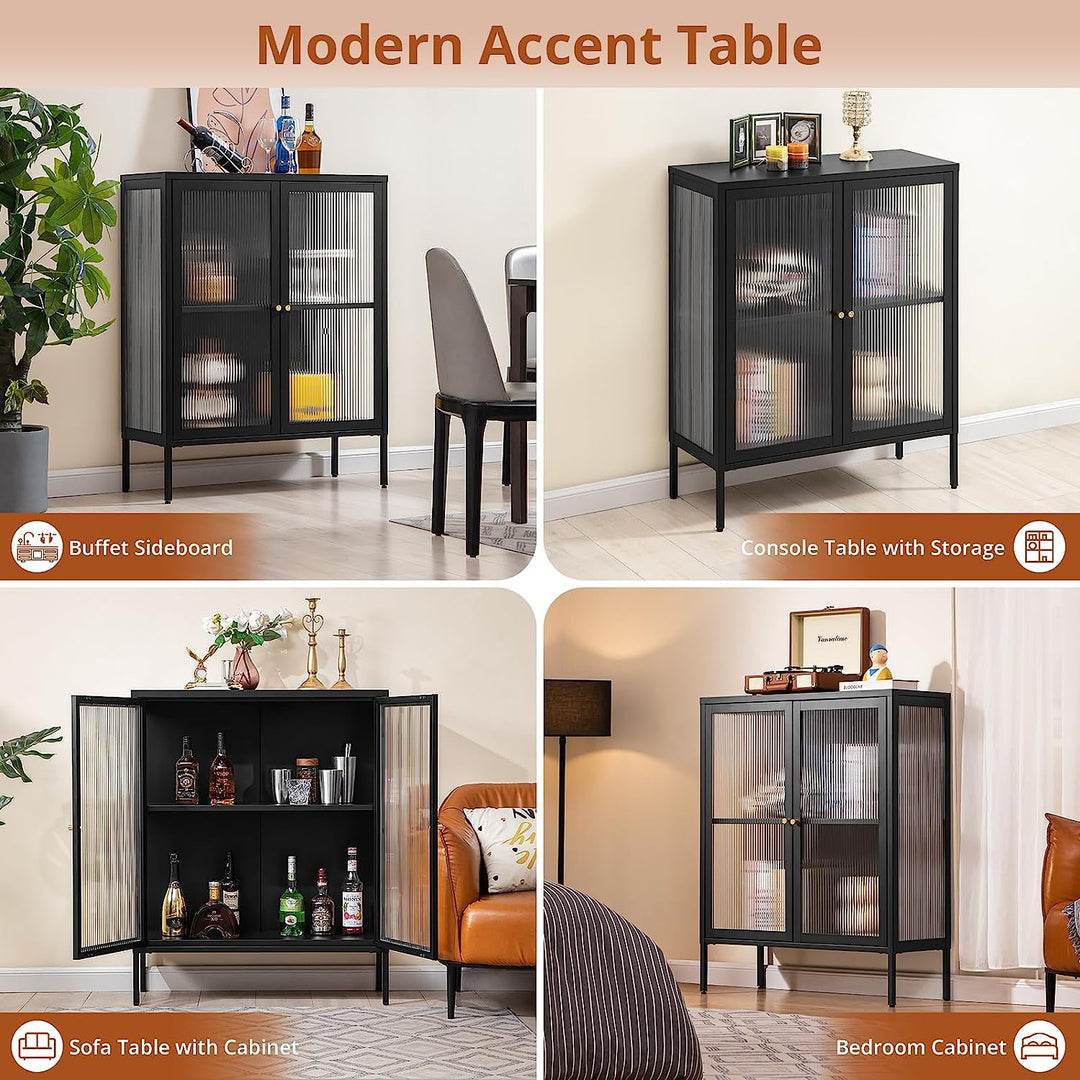 Buffet Sideboard Storage Cabinet Set of 2, Modern Accent Cabinet Cupboard Console Table with Glass Doors, Credenza Coffee Bar Cabinet Kitchen Storage Cabinet for Dining Living Room