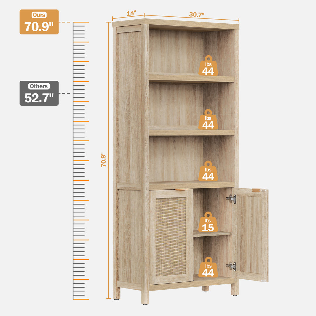 70.9'' 5 Tier Bookcase, Light Oak