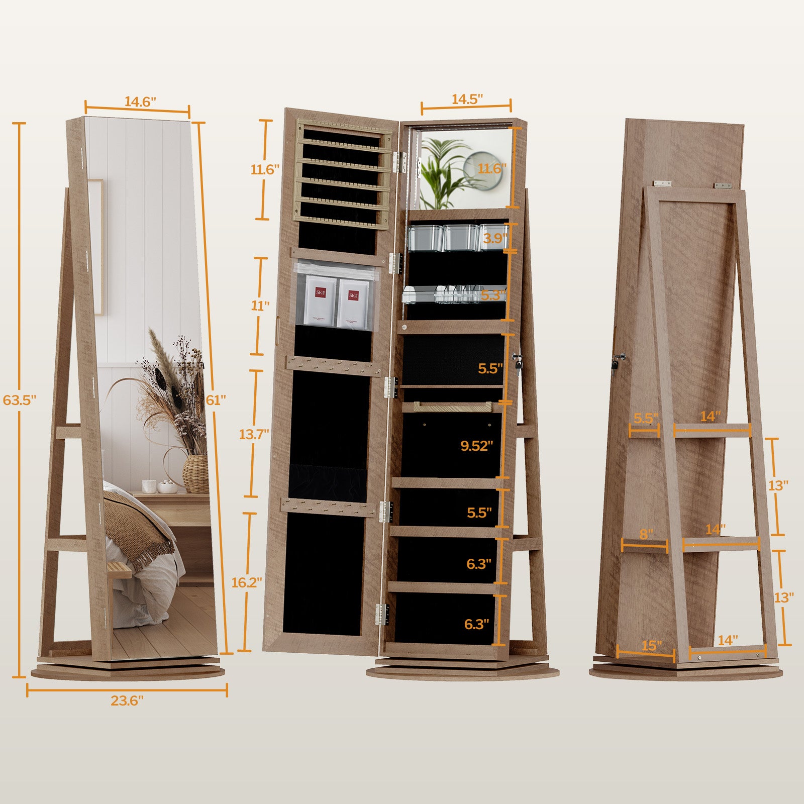 Wooden Full Length Mirror with Storage