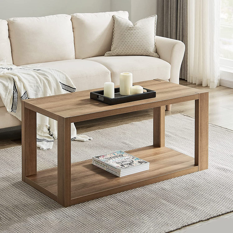 Farmhouse Wood Coffee Table - Boho Table with Storage Shelf, Rectangle Center Table Wood Look Accent Table, 2-Tier Sofa Side Table Mid Century Modern Coffee Table Living Room Furniture