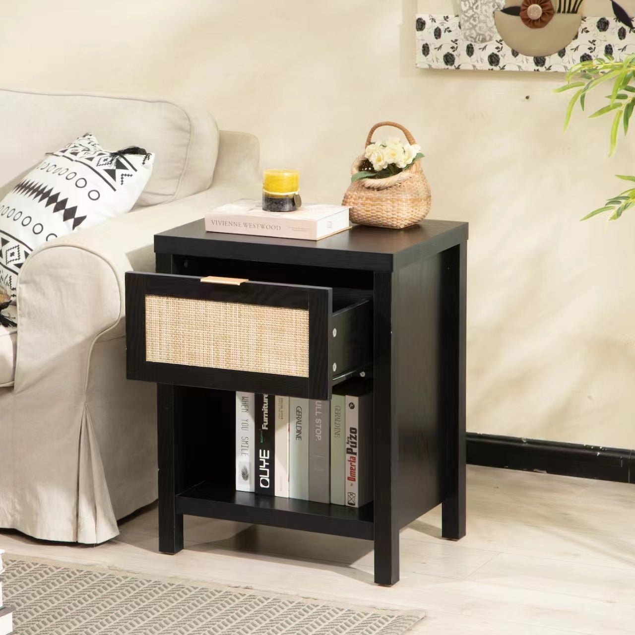 Black Boho Style Nightstand - Sicotas