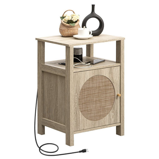 Rattan Nightstand With Charging Station - Sicotas