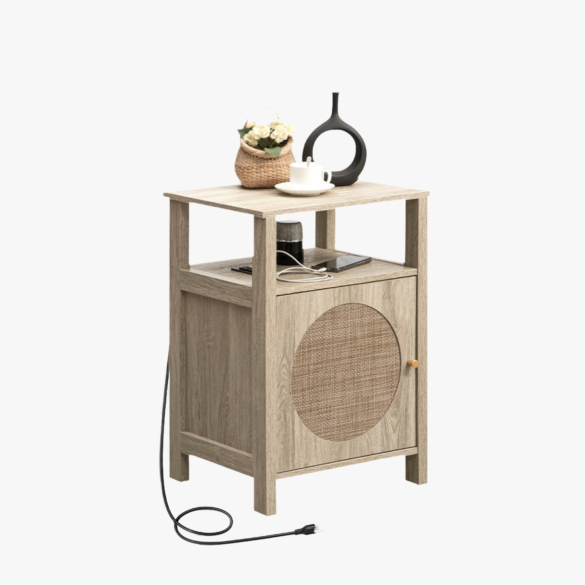 Rattan Nightstand With Charging Station