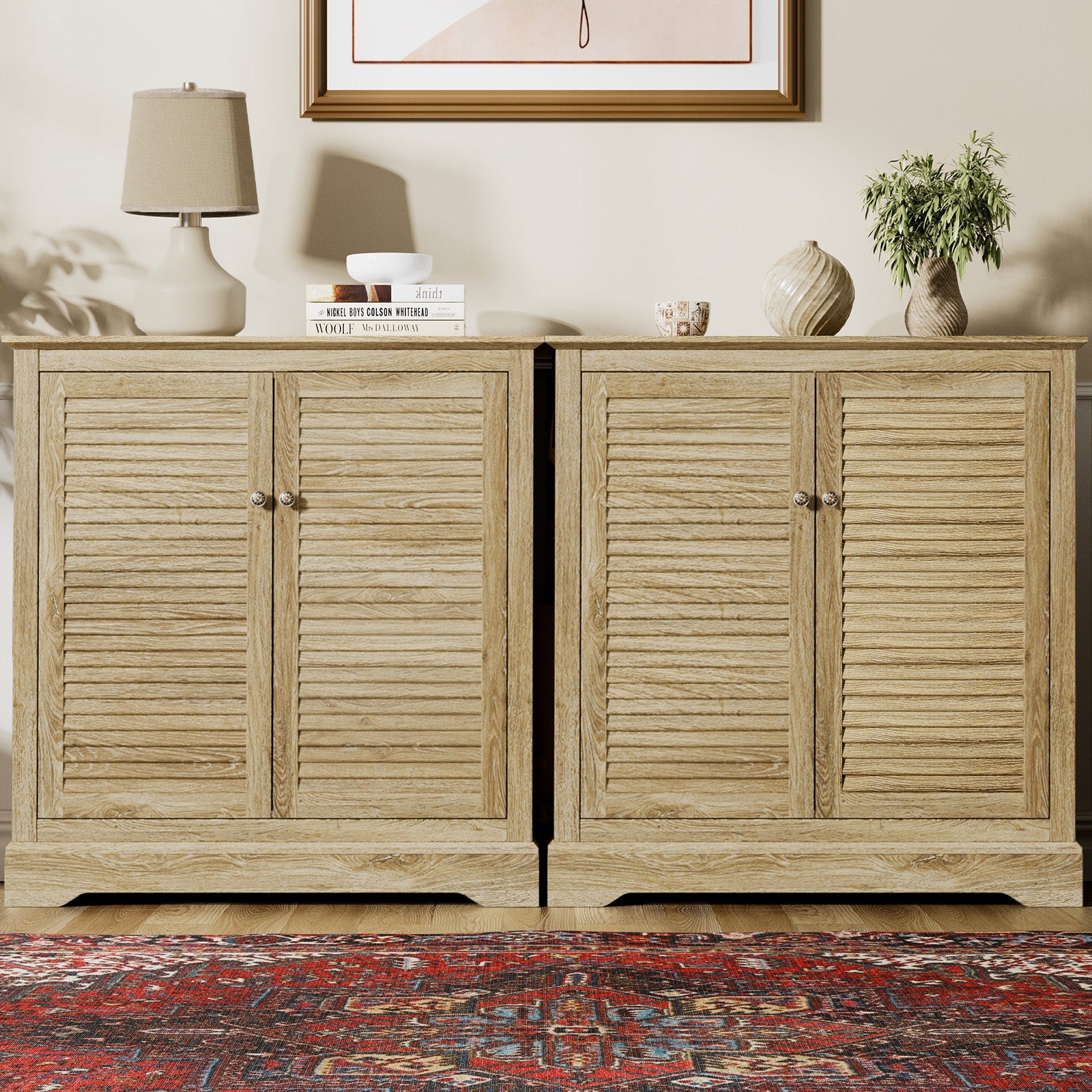 Sideboard Buffet Credenza Cabinet - Farmhouse Coffee Bar Cabinet with Storage, Shutter Decorated Doors and Adjustable Shelf, Accent Buffet Storage Cabinet for Dining Room, Entryway